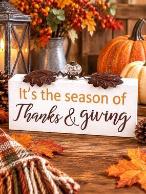 Thanks & Giving Wood Sign Metal Leaves Crystal Accent Fall Thanksgiving Décor